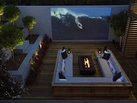 12 Inspiring Outdoor Fire Pits for Breezy and Cozy Evenings | The Study Outside Fire Pits, Outdoor Fire Pit Designs, Rooftop Terrace Design, Outdoor Cinema, Backyard Movie, Outdoor Theater, Fire Pit Designs, Terrace Design, Patio Heater