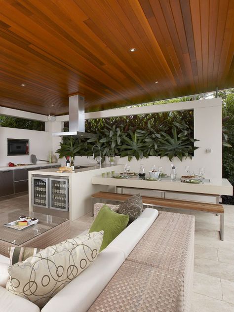 Alfresco Designs, Outdoor Bbq Area, Outdoor Kitchen Decor, Outdoor Bbq Kitchen, Wooden Ceiling, Outdoor Living Rooms, Outdoor Living Design, Outdoor Entertaining Spaces, Outdoor Kitchen Patio