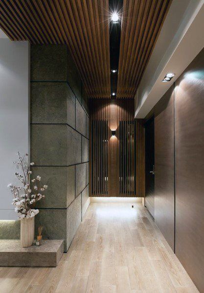 Vstupná Hala, Home Engineering, Corridor Design, Light Wood Floors, Wood Ceiling, Entrance Foyer, Foyer Design, Lobby Design, Wooden Ceilings