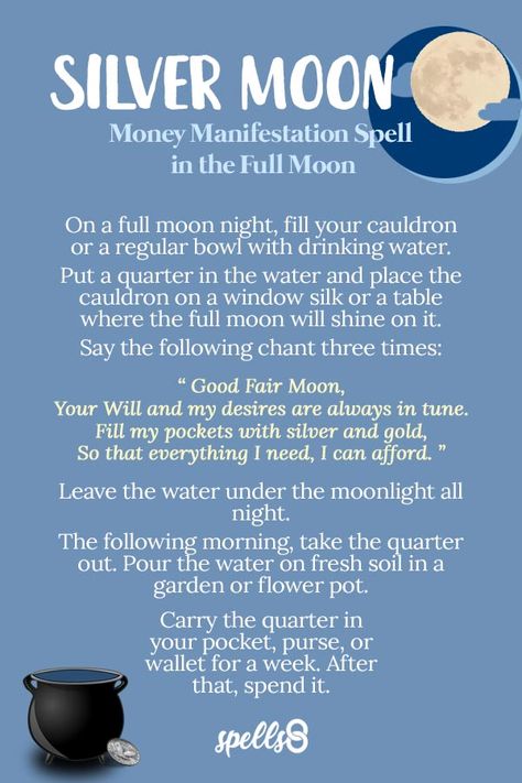 'Silver Moon': Money Manifestation Spell in the Full Moon Wealth Spell, Full Moon Spells, Manifestation Spells, Wiccan Rituals, Moon Magick, Moon Spells, Moon Rituals, Luck Spells, New Moon Rituals