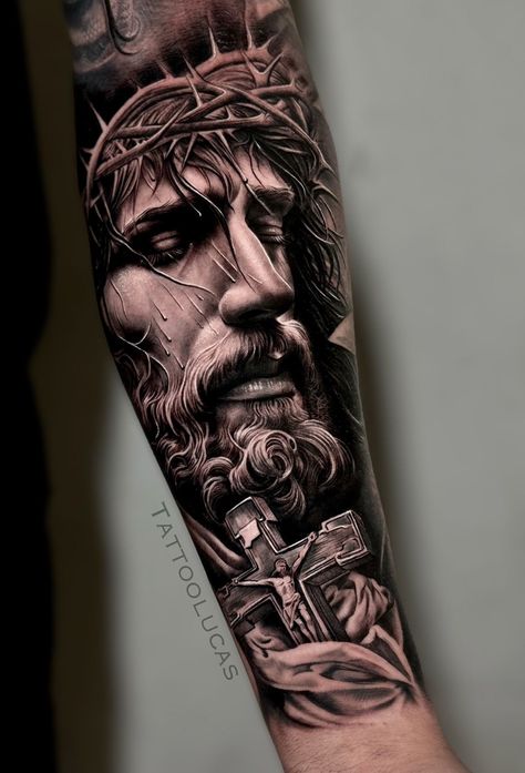 God Forearm Tattoo Men, Jesus Sleeve Tattoo, Angle Tattoo For Men, Tattoo Jesus Cristo, Jesus Forearm Tattoo, Jesus Tattoo Ideas, Jesus Tattoo Sleeve, Religous Tattoo, Black Crow Tattoos