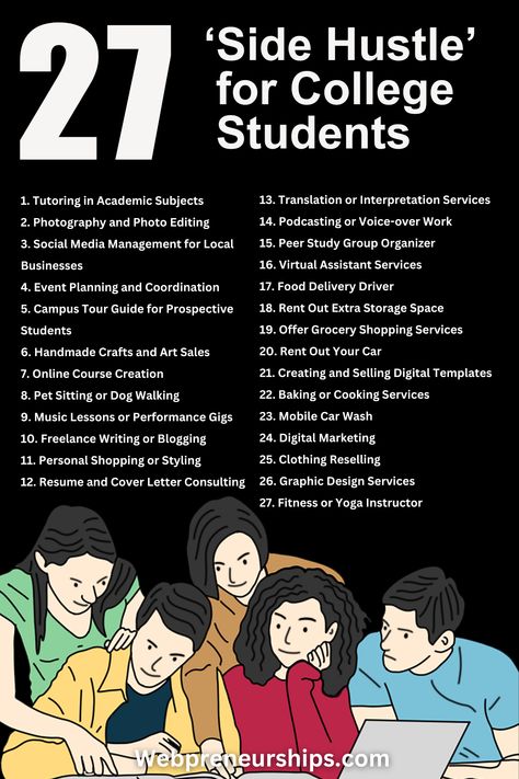 Looking for ways to earn extra cash while in college? Check out these 27 side hustle ideas designed specifically for students. Start balancing your studies with earning potential today! #SideHustleIdeas #CollegeStudentsSideHustle #SideHustles Side Hustle For College Students, College Side Hustle, Side Hustle Ideas For College Students, Side Hustles For College Students, Side Hustle For Indian Students, Earning Ideas For Students, Uni Tips, Marketing Student, Business Ideas For Students