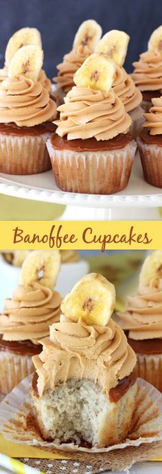 Banoffee Cupcakes - moist banana cupcake, with a layer of dulce de leche, finished off with dulde leche icing and a banana chip! Banana Toffee Cupcakes, Banoffee Cupcakes, Banana Toffee, Banana Cupcake, Life Love And Sugar, Recipes Cupcakes, Cupcakes Ideas, Banana Cupcakes, Cupcake Flavors