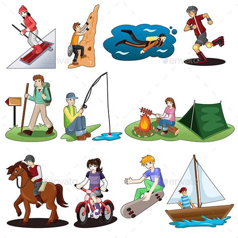 Active People Doing Outdoor Activities by artisticco A vector illustration of active people doing outdoor activitiesA vector illustration of active people doing outdoor activities Surf Logo, Kids Outdoor Play, Lotus Pose, Outdoor Activities For Kids, Camping Theme, Recreational Activities, Leisure Activities, Cartoon Images, Winter Fun