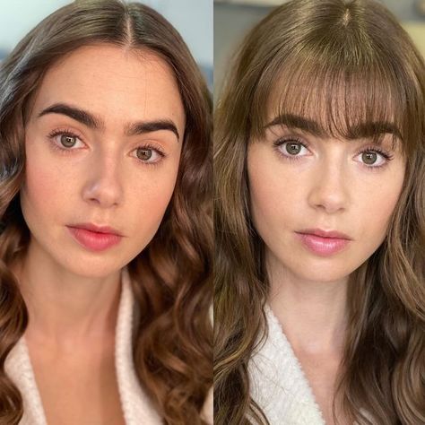 Lily Collins Hair Curtain Bangs, Lily Collins Bangs, Lily Collins Hair Bangs, Lilly Collins Makeup Emily In Paris, Lily Collins Bangs Emily In Paris, Lily Collins Eyebrows, Lily Collins Makeup, Smokey Eyeshadow, Gorgeous Skin