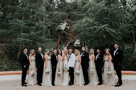 Influencer @chelsiee.paige Gets Married at Rancho Las Lomas | Friar Tux Blog Taupe Gown, Black Tuxedo Wedding, Black Tuxedos, Taupe Bridesmaid, Black Suit Dress, Taupe Bridesmaid Dresses, Moonlight Bridal, Jenny Yoo Bridesmaid, Groomsmen Outfits