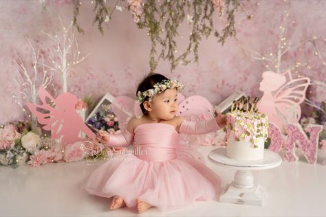 Little Girl Fairy Cake Smash Fairy Cake Smash, Photo Shoots Birthday, Fairy Theme Birthday Party, Baby Girl Cake Smash, Sitter Photography, Fairy Birthday Cake, Girl Cake Smash, Lace Romper Baby, Baby Girl Cake