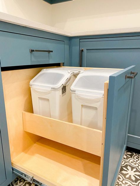 Dog Food Storage In Cabinet, Creative Dog Food Storage Ideas, Dog Food Cabinet, Recycling Storage, Diy Pantry Organization, Food Storage Cabinet, Mudroom Cabinets, Dog Feeding Station, Organizing Solutions