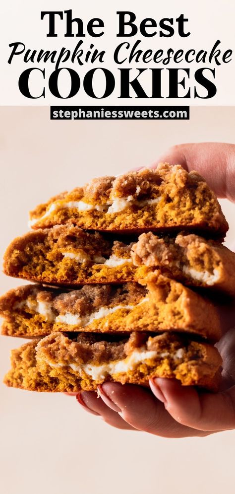 Molten Pumpkin Cheesecake Cookies, Cream Cheese Stuffed Pumpkin Cookies, Pumpkin Pie Streusel, Pumpkin Cheesecake Cookies Recipe, Best Pumpkin Cookies, Easy Pumpkin Recipes Desserts, Pumpkin Cheesecake Cookies, Soft Pumpkin Cookies, Pumpkin Pie Cookies