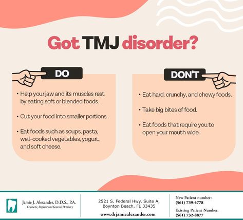 These simple tips may help you avoid overworking your jaw. Consult your healthcare provider for more tips on maintaining good nutrition and easing symptoms of TMJ disorder. #jawpain #TMJ #TMJdisorder #JamieJAlexanderDDSPA #BoyntonBeach #FL Tmj Symptoms, Dental Social Media, Jaw Pain, Restorative Dentistry, Southern Pine, Tooth Pain, Good Nutrition, General Dentistry, Family Dentistry