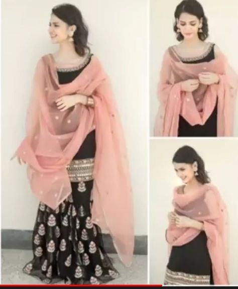 Beautiful Lehnga style black dress with baby pink duppata, golden beautiful work on black dress #awesome colour contrast #aeesome dress #awesome look # most stylish look #party wear Black Pink Combination Dress, Black Colour Combination Dresses, Lehnga Style, Trendy Closet, Style Black Dress, Combination Dresses, Chemistry Jokes, Short Frock, Black Color Combination