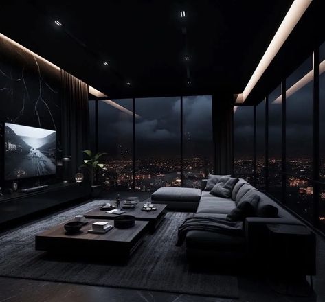 Penthouse Living Room Dark, Taekook Fanfiction, Black Luxury House, Modern Penthouse Apartment, Penthouse Living Room, Luxury Living Room Inspiration, Black Living Room Decor, Modern Penthouse, Condo Living Room