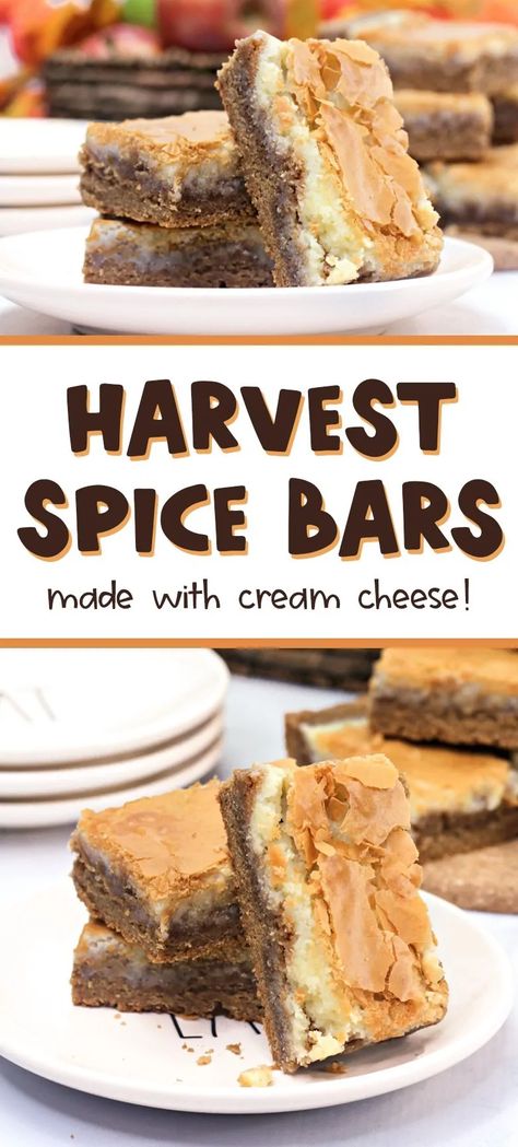 Fall Dessert Bar, Spice Cake Mix Recipes, Spice Bars, Cake Mix Bars, Bars With Cream Cheese, Cake Bars Recipe, Cream Cheese Bars, Thanksgiving Cakes, Cookies Bars