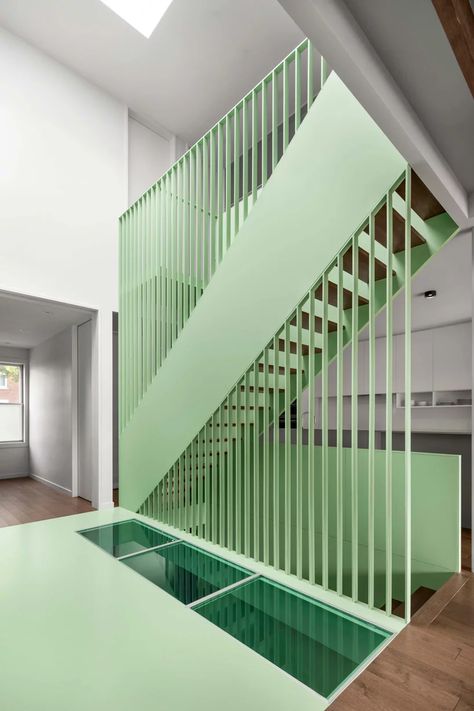 sage green staircase takes center stage in montreal residence renovation by naturehumaine Open Trap, Bedroom Addition, New Staircase, Stair Case, Modern Staircase, Stairway To Heaven, Staircase Design, Stairs Design, Family House