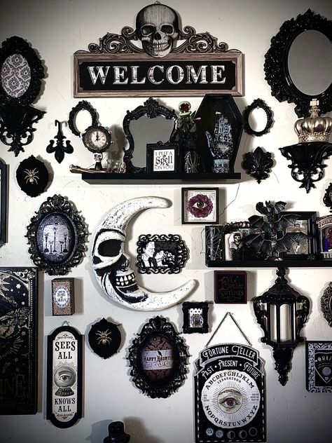 Gothic house. Spooky decor. Goth gallery wall, gothic wall art, occult decor, witchy decor, vintage goth. Glam goth. Skull decor. Ouija board. Diy goth decor. Girhic living room. Goth Living Room, Gothic Gallery Wall, Gothic Decor Bedroom, Goth Gifts, Witchy Room, Gothic Room, Gothic Bedroom, Spooky Home Decor, Dark Home Decor