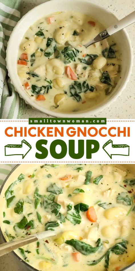 Here's a fall comfort food idea to warm your day! This easy Chicken Gnocchi Soup recipe comes together in less than thirty minutes. It features gnocchi, onions, celery, carrots, spinach, and chicken in a creamy broth. Make this soup recipe for dinner! Easy Winter Recipes, Simple Soup, Chicken Gnocchi, Chicken Gnocchi Soup, Gnocchi Soup, Fall Soups, Tasty Recipe, Easy Soup Recipes, Delicious Dinner Recipes