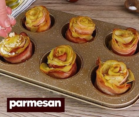 Potato Roses Wrapped In Bacon, Potato Roses, Sour Cream Dipping Sauce, Bacon Wrapped Potatoes, Cheesy Bacon Potatoes, Impressive Appetizers, Potato Muffins, Bacon Potato, How To Make Bacon