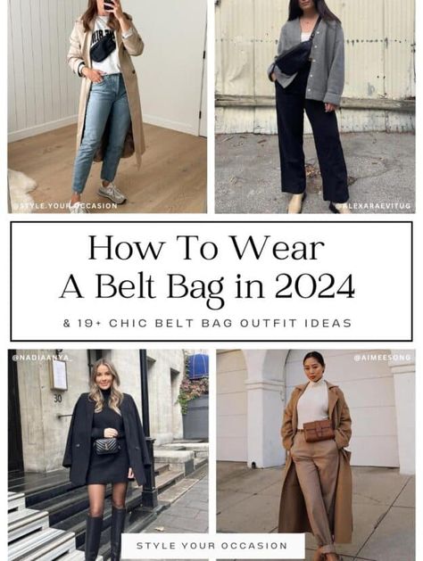 Want ideas for how to style a belt bag or fanny pack? Get chic and modern fanny pack outfit ideas, belt bag outfit ideas, and bum bag outfit ideas. If you want to wear one in the summer, fall, or winter, go dressy or casual, you can rock the bum bag outfit aesthetic. You've got to see these chic street styles! Belt Purse Outfit, How To Style A Belt Bag, How To Wear A Cross Body Bag, How To Wear A Belt Bag, Leather Belt Bag Outfit, Fanny Bag Outfit, Waist Pack Outfit, Belt Bags Outfit, Belt Bag Outfit Casual