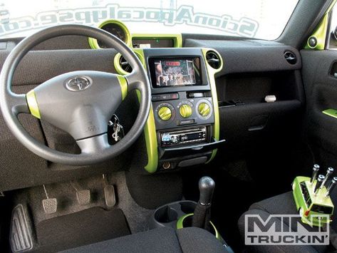 This month's Hometown Heroes section features Randy West's custom 2004 Scion xB, complete with a four link, modified suspension, and Randode Green Metallic paint, at Mini Truckin' Magazine. Scion Xb Mods, Scion Xb Custom, Scion Accessories, Toyota Scion Xb, Car Customization, Scion Frs, Two Tone Paint, Mom Car, Scion Xb