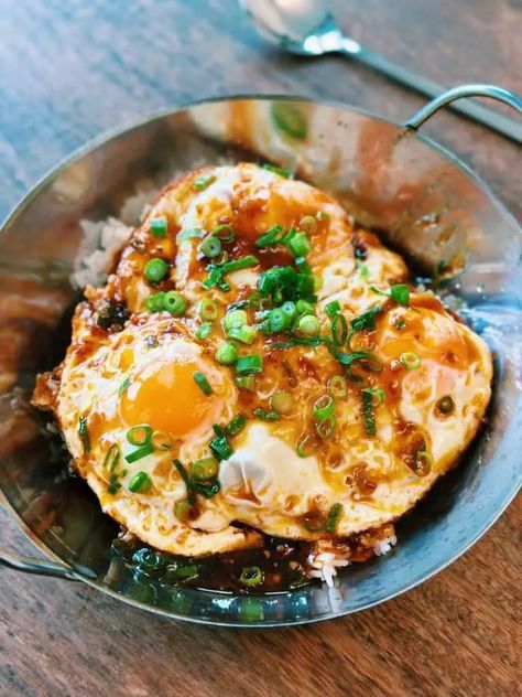 Spicy Sweet and Sour Fried Eggs in 10 Minutes!  - Tiffy Cooks Sweet And Sour Fried Eggs, Breakfast Stir Fry Eggs, Asian Fried Egg, Chili Oil Steamed Eggs, Soy Sauce Fried Egg, Chili Oil Fried Eggs, Spicy Egg Curry Recipe, Fried Egg Breakfast, Cooking Goals