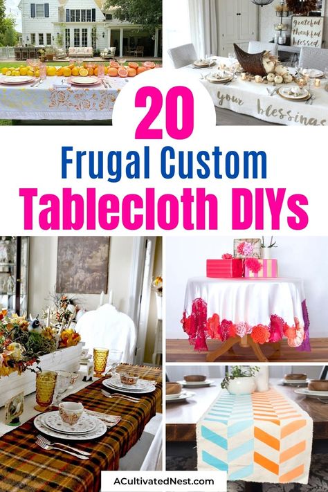 20 Frugal Custom Tablecloth DIYs- You can create the perfect tablescape on a budget with these frugal custom tablecloth DIYs! There are so many great ideas for different holidays and seasons! | #sewingProjects #diyProjects #tablescape #DIYs #ACultivatedNest Alternative Table Cloth Ideas, Inexpensive Table Cloth Ideas, Easy Tablecloth Ideas, Easy Table Cloth Ideas, Tablecloth Ideas Party, White Plastic Table Cloth Ideas, Tables With Tablecloths, Make Plastic Tablecloths Look Nice, Diy Table Cover Ideas