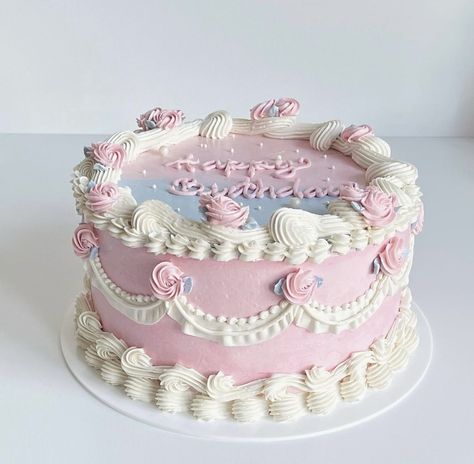 Pink And Blue Birthday Cake, Cute Pink Birthday Cake, Pink And Blue Cake, Fairy Garden Cake, 22nd Birthday Cakes, Bolo Vintage, Blue Birthday Cakes, Vintage Birthday Cakes, Pinterest Cake