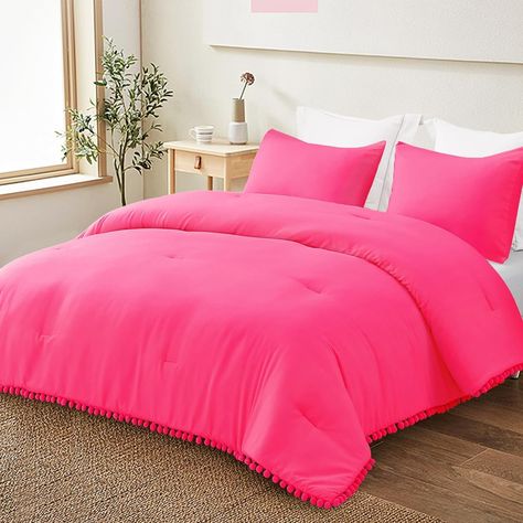 Amazon.com: Exclusivo Mezcla Boho Pom Pom Ball Fringe Queen Comforter Set, 3 Piece Hot Pink Lightweight Down Alternative Bedding Comforter Sets for All Seasons (1 Comforter and 2 Pillowcases) : Home & Kitchen Bohemian Comforter Sets, Bedding Comforter Sets, Pink Dorm Rooms, Dorm Bedding Sets, Twin Size Comforter, Queen Size Comforter Sets, King Size Comforter Sets, Pink Dorm, Boho Comforters