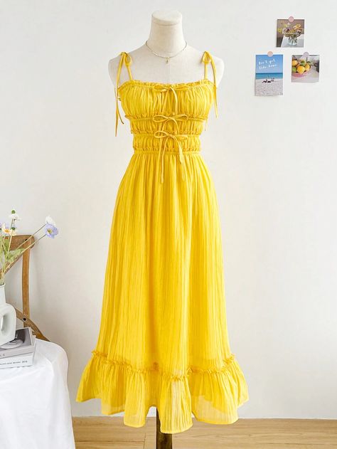 SHEIN WYWH Women's Romantic Yellow Chiffon Dress With Flowy Layers, Cascading Ruffles, Bow-Tie Shoulder Straps, Perfect For Vacation, Graduation Season, Wedding Season, Cute Lunch, And SummerI discovered amazing products on SHEIN.com, come check them out! Yellow Chiffon Dress, Cute Sundresses, Womens Holiday Fashion, Yellow Corset, Yellow Sundress, Cascading Ruffles, Sparkle Dress, Layer Dress, Vacation Dresses