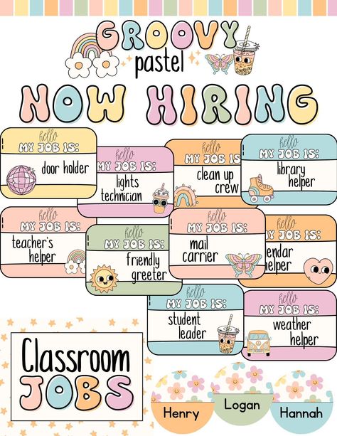 Groovy Pastel Class Jobs Display [editable] Display fonts canva Class Jobs Display, Classroom Jobs Display, Fonts Canva, Classroom Goals, Class Jobs, Preschool Classroom Decor, Elementary Classroom Decor, Teacher Boards, Teaching First Grade