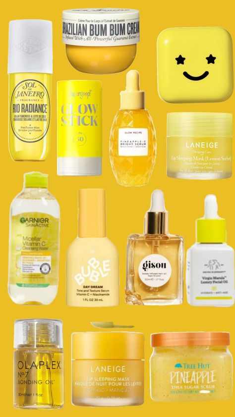 #yellow # skincare Yellow Product Packaging, Yellow Skincare Packaging, Fearless Makeup, Yellow Skincare, Yellow Girl, Yellow Things, Drunk Elephant Skincare, Skincare Packaging, Trendy Outfits For Teens