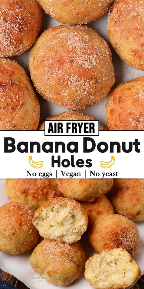 Air fryer Banana Donut Holes Banana Recipes Air Fryer, Banana Air Fryer Recipes, Banana Air Fryer, Air Fryer Banana, Air Fryer Doughnut Holes, Air Fryer Banana Dessert, Airfryer Donut Holes, Air Fryer Donut Holes No Yeast, Banana Donut Holes Air Fryer