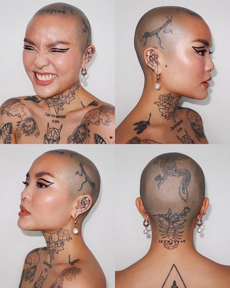 MEI PANG on Instagram: “this photo set made me rediscover my tattoos and that makes me very happy • • • #glossier futuredew  #fentybeauty gloss bomb (glass…” Bald Head Girl, Bald Head Tattoo, Bald Women Fashion, Scalp Tattoo, Bald Head Women, Girls With Shaved Heads, Funky Makeup, Shaved Head Women, My Tattoos