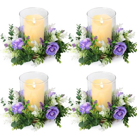 PRICES MAY VARY. Candle Ring Centerpiece - The spring candle wreaths are perfect to add a little green for your wedding centerpiece, use rose candle garland to dress up your event table, and impress your guests with these dainty tabletop decorations Holiday Candle Rings - Tie in purple rose flowers with eucalyptus candle rings to step up the romantic atmosphere. Use this artificial floral wreath to celebrate Christmas, welcome spring, summer, all seasons, and each holiday Full & Realistic - Set Wreaths With Eucalyptus, Outdoor Wedding Table Centerpieces, Purple Table Decorations, Centerpieces Quinceanera, Lavender Wedding Theme, Flower Cake Decorations, Purple Wedding Centerpieces, Floral Candle Rings, Centerpiece Party