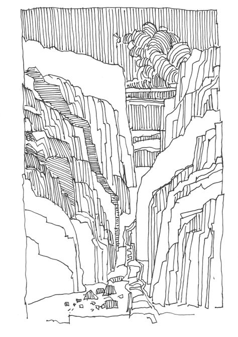 Black Canyon sketch for A Studio Year Fantasy Landscape Line Art, Waterfall Line Art, Canyon Drawing, Construction Sketch, Grand Canyon Drawing, Grand Canyon Coloring Page, Grand Canyon Illustration, Black Canyon, Texture Drawing