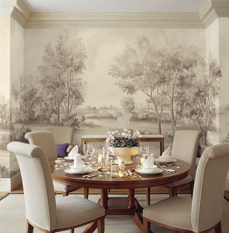 Our Cotswold Earth muralpaper in an elegant dining room. These landscape murals are painted by me, and they get customized for each clients' room by my creative team. They are then printed on museum quality wallpaper. -Susan Harter Susan Harter, Dining Room Mural, Dining Room Murals, Compact Kitchens, Transitional Dining Room, Dining Room Wallpaper, Scenic Wallpaper, Antique Modern, Transitional Living Rooms