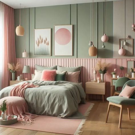 38+ Sage Green and Pink Bedroom Ideas: Dreamy Makeovers Await! - Seafoam Green And Pink Bedroom, Women Bedroom Ideas Color Schemes, Fun Bedroom Paint Ideas, Pink And Green Bed, Pink Baby Bedroom, Paint Girls Room, Pink Master Bedrooms Decor, Sage Green And Pink Bedroom, Pink And Green Paint