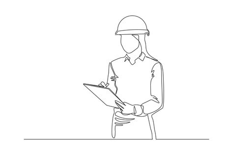 Continuous line drawing of young female architect engineer worker standing while write business note on paper at clipboard wearing safety helmet. One single line business woman workshop concept Vector Engeenering Drawing, Architect Person Drawing, Architect Drawing Easy, Business Woman Drawing Sketch, Engineer Drawing Sketch, Architect Drawing Sketching, Engineering Icon, Construction Symbols, Job Drawing