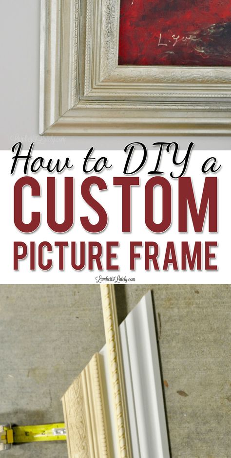 This tutorial for how to build a custom picture frame with baseboard and decorative trim moulding makes a great, ornate frame for canvases. Includes ideas on how to paint the frame with a gold/antique look with spray paint. How To Make Frames For Canvas, How To Frame A Canvas Painting, How To Frame A Canvas, Build A Picture Frame, Upcycle Frames, Diy Canvas Frame, Picture Frame Template, Framing Canvas, Pic Frame