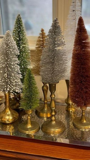 Bottle Brush Tree Candle Holder, Candlestick Christmas Trees, Bottle Brush Tree Decorating Ideas, Bottle Brush Christmas Tree Crafts, Bottle Brush Tree Mantle, Brass Candlesticks Decor Christmas, Bottlebrush Trees Christmas Decor, Repurposed Christmas Decor, Bottle Brush Trees Display