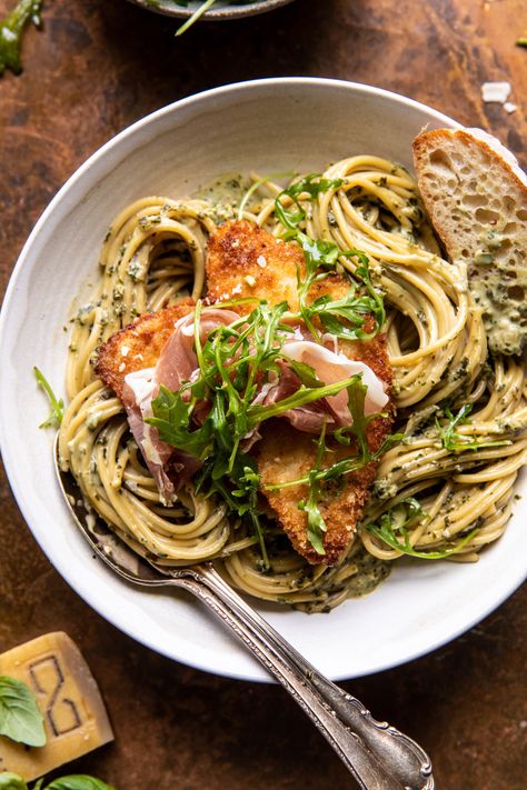 Basil Parmesan Pasta, Pasta With Crispy Chicken, Chicken Prosciutto, Harvest Basil, Creamy Parmesan Chicken, Prosciutto Pasta, Half Baked Harvest Recipes, Chicken Parmesan Pasta, Night Recipes