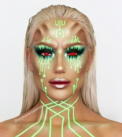 Robot Makeup, Cyberpunk Makeup, Futuristic Makeup, Maquillage Yeux Cut Crease, Alien Makeup, Drag Make-up, Neon Makeup, Make Up Inspiration, Diy Halloween Decor