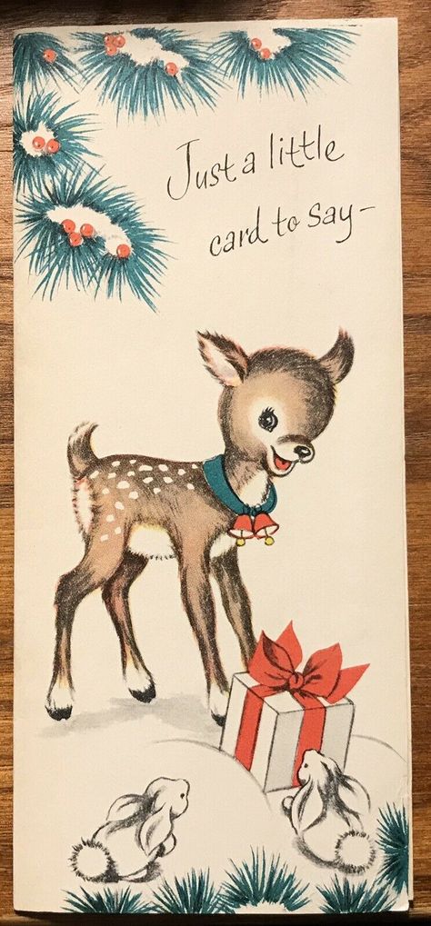 Vintage Buzza Cardozo Christmas Card Deer Bunnies Gift - Birds Inside Vintage Reindeer, Xmas Greetings, Deer Fawn, Vintage Christmas Greeting Cards, Baby Reindeer, Vintage Christmas Images, Bunny Gifts, Vintage Deer, Christmas Greeting Card