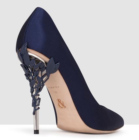 Eden Heel Pump Midnight Blue Satin with Navy Leaves Quince Heels, Ornamental Filigree, Dark Blue Heels, Blue Heels Wedding, Midnight Blue Wedding, Dark Blue Wedding, Navy Wedding Shoes, Navy Heels, Blue High Heels