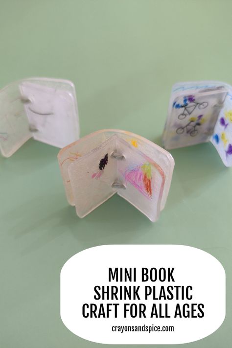 Picture of three mini books made from shrink plastic Shrink Film Ideas, Shrink Plastic Ideas, Make A Mini Book, Shrinky Dink Art, Craft For All Ages, Shrinky Dink Crafts, Shrink Paper, Shrink Film, Shrinky Dink