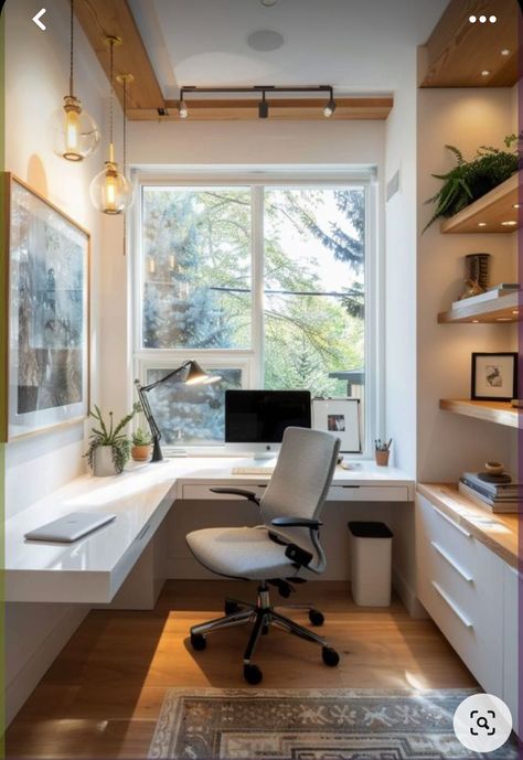 Home Office Corner Window, Small Office Home Office Design, Bright Office Ideas, Study Area In Living Room, Corner Home Office Ideas, Built In Study Desk, Study Corner Ideas, Narrow Study, Storage Ideas Office