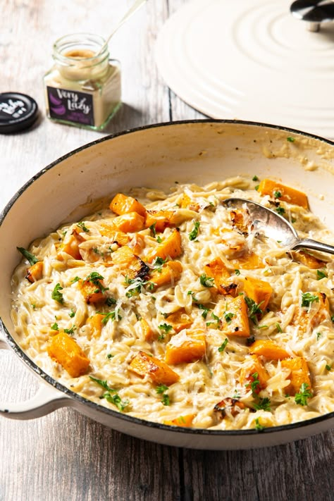 Garlic Butternut Squash and Orzo Recipe | Healthy Meals Orzo Recipes Healthy, Butternut Squash Orzo, Garlic Butternut Squash, Squash Orzo, Pasta Orzo, Butternut Squash Recipes Roasted, Weekday Recipes, Creamy Orzo, Orzo Recipe