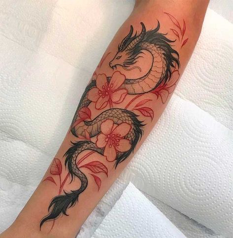 Dragon Tattoos Forearm, Women Dragon Tattoo, Feminine Dragon Tattoo, Tatuaje Studio Ghibli, Red Flower Tattoos, Dragon Tattoo Arm, Red Dragon Tattoo, Around Arm Tattoo, Dragon Tattoo For Women