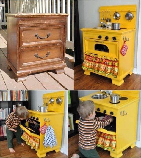 Play Kitchens, Small Dresser, Diy Play Kitchen, Old Dressers, Kids Kitchen, Play Kitchen, Flipping Furniture, Repurposed Furniture, Kids Playroom