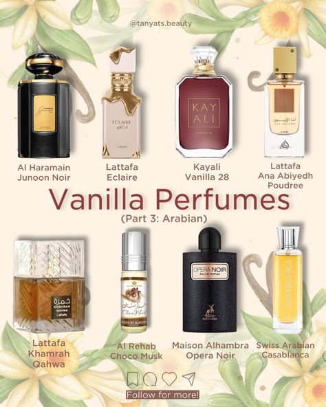 Easily Likeable Vanilla Perfumes: Middle-Eastern Edition ⠀ Surprisingly, it was hard to create a collection of Arabian vanilla perfumes. The reason is simple: almost every trending Arabian perfume for women has a vanilla note. ⠀ I’ve tried to pick only those options where the note of vanilla is prominent, and all these perfumes can be considered relatively safe blind buys if you like the description. ⠀ ▫️ Al Haramain Junoon Noir — by far my favorite Arabian perfume. It’s super feminine and su... Women Perfume Collection, Perfumes To Smell Clean, Vanilla Perfume Arab, Arab Beauty Products, Vanilla Notes Perfume, Arabian Perfume Aesthetic, Arabian Skincare, Best Woman Perfumes, Middle Eastern Fragrances