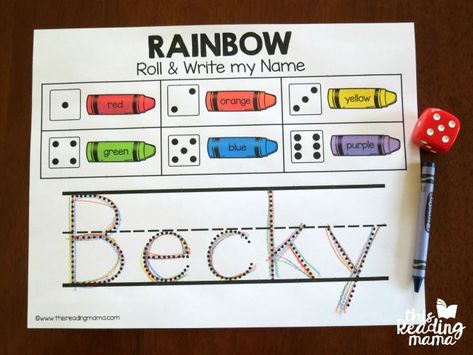 Rainbow Roll & Write Name example - editable Tk Classroom, Name Writing Activities, Write My Name, Important Life Skills, Kindergarten Handwriting, Name Writing Practice, Rainbow Roll, Beginning Of Kindergarten, Preschool Names